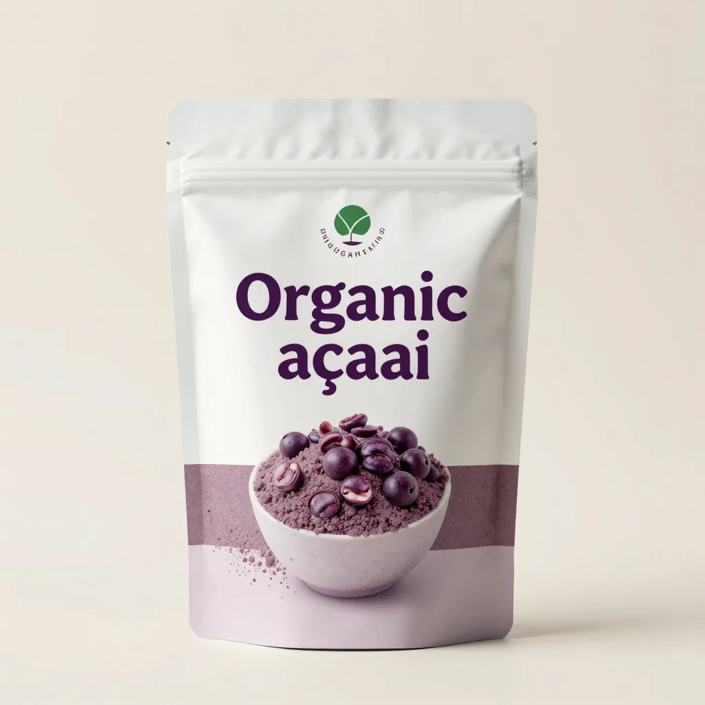 A pouch of organic açaí powder on a light background