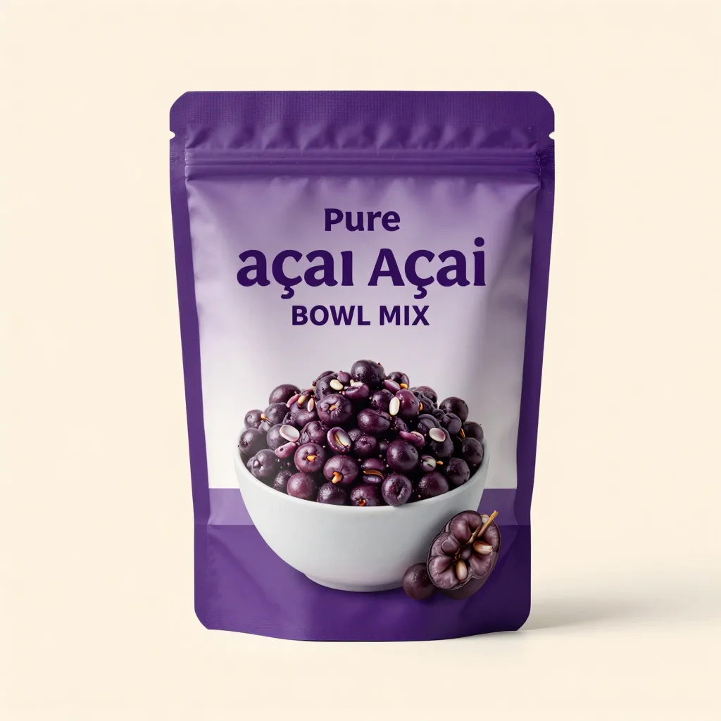 A pouch of pure açaí bowl mix on a light background