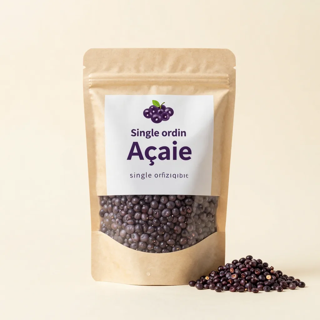 A pouch of single-origin açaí on a light background
